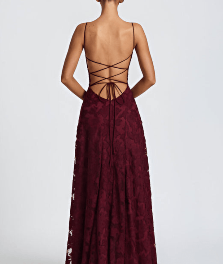 Stunning red spaghetti strap A-line maxi dress for women, ideal for formal evenings & parties.