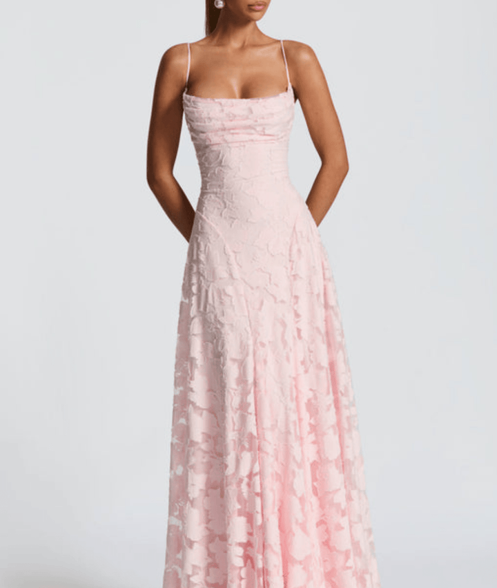 Elegant women's formal evening maxi dress, A-line style with delicate spaghetti straps.