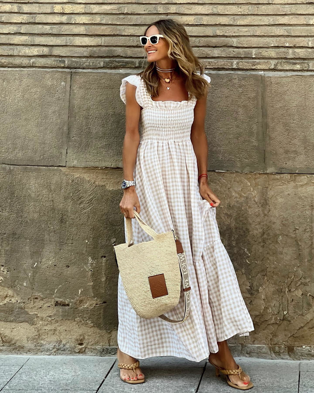 Elegant women's square neck maxi dress with ruffle sleeves & flowy tiered skirt, perfect for summer casual wear.