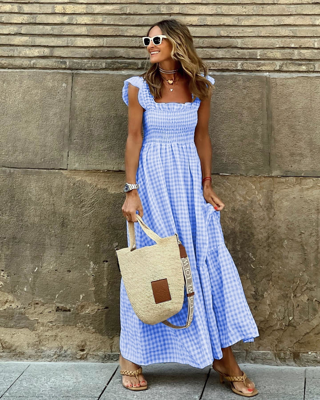 Versatile solid color women's maxi dress featuring a chic square neck and charming ruffle sleeves.