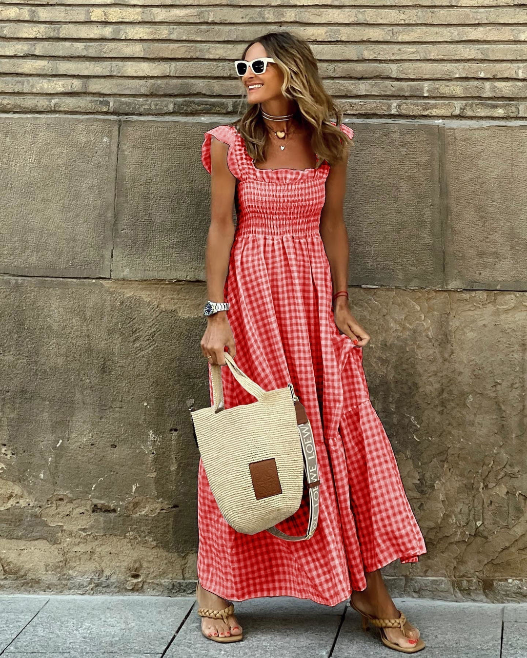 Stylish women's square neck dress with ruffle sleeves, ideal for summer evenings or casual elegant events.