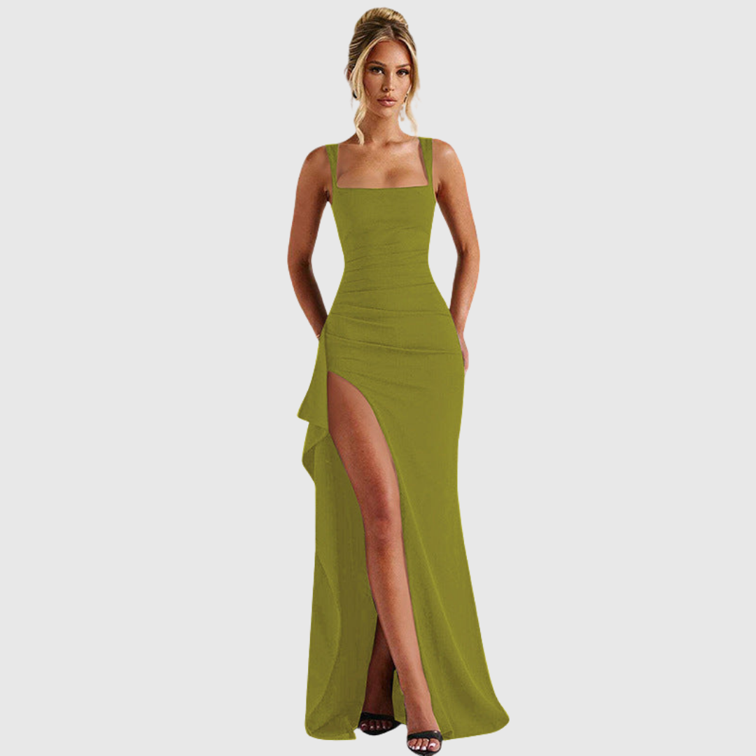 Occasion wear: women's elegant square neck gown with a dramatic thigh slit, perfect for parties.