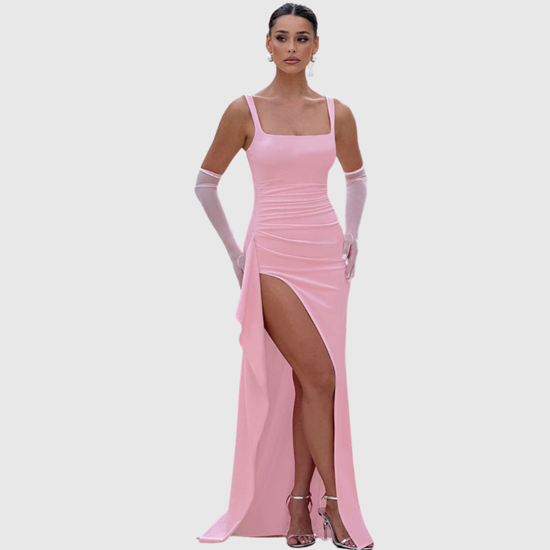 Women's party dress: elegant square neck, comfortable fit, and a trendy thigh slit for dancing.