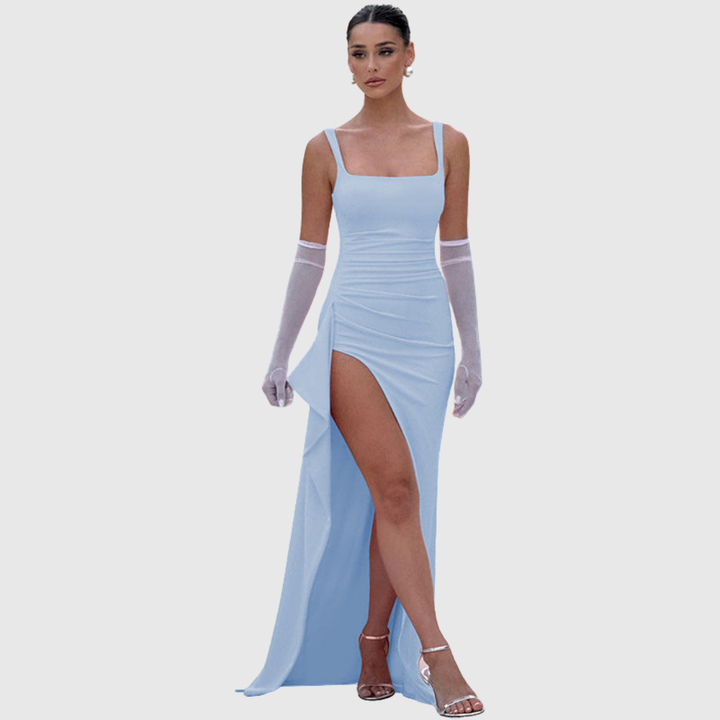 Sophisticated women's dress: square neck, ruched design, high slit for homecoming & formal events.