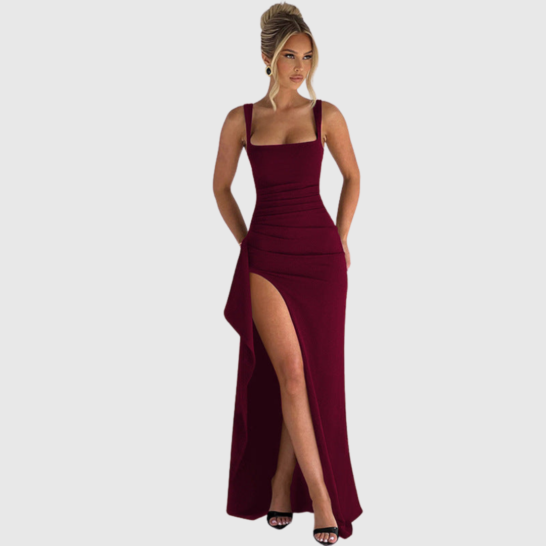 Stunning party dress for women, elegant square neck, ruched bodycon fit, stylish thigh slit.