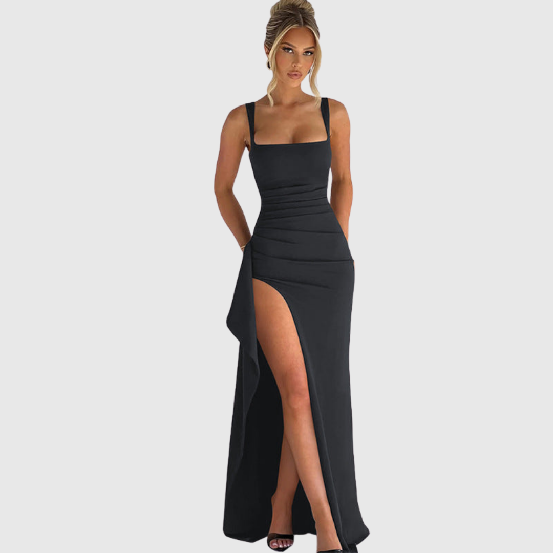 Homecoming elegant gown: women's square neck, maxi length, and alluring thigh slit detail.