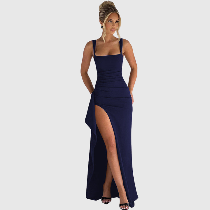 Formal women's dress: elegant square neck, thigh slit, bodycon design, ideal for an evening out.