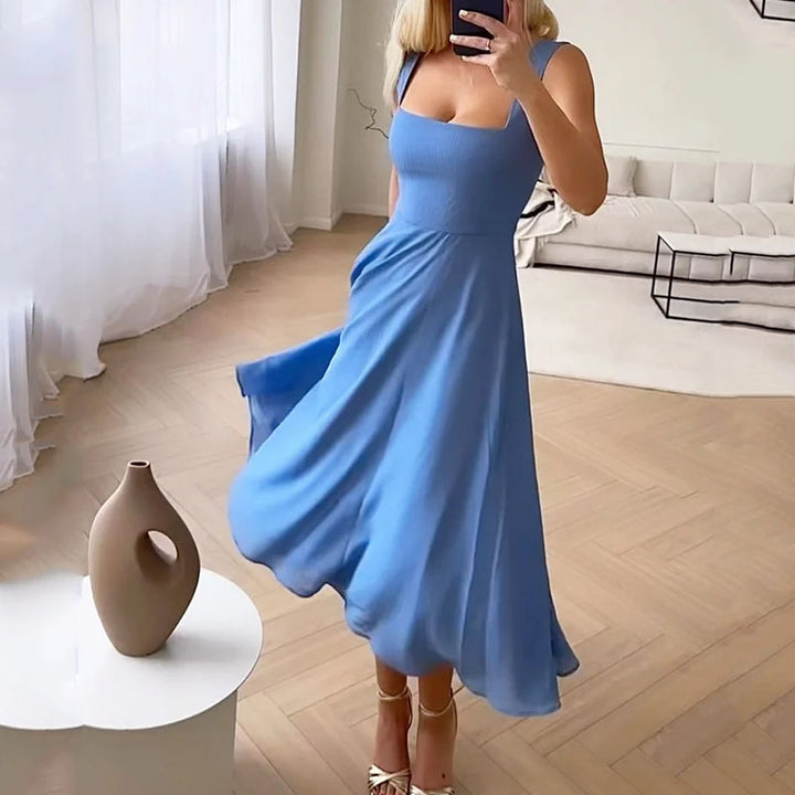 Elegant women's square neck midi dress. Sleeveless, chic & flattering, perfect for party or special occasions.