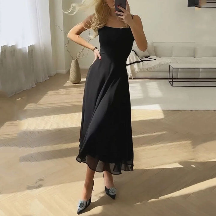 Timeless women's square neck midi dress. Elegant sleeveless design, flattering for special occasions & parties.
