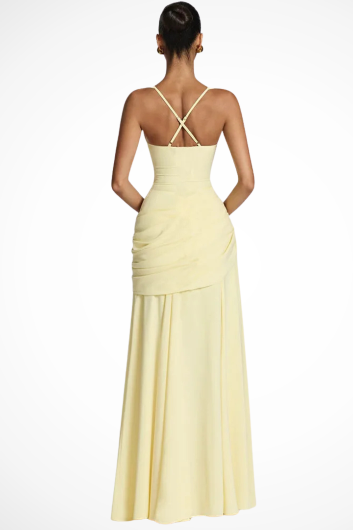 Sophisticated women's A-line maxi dress with square neck & ruched details, ideal for evening parties & special events.