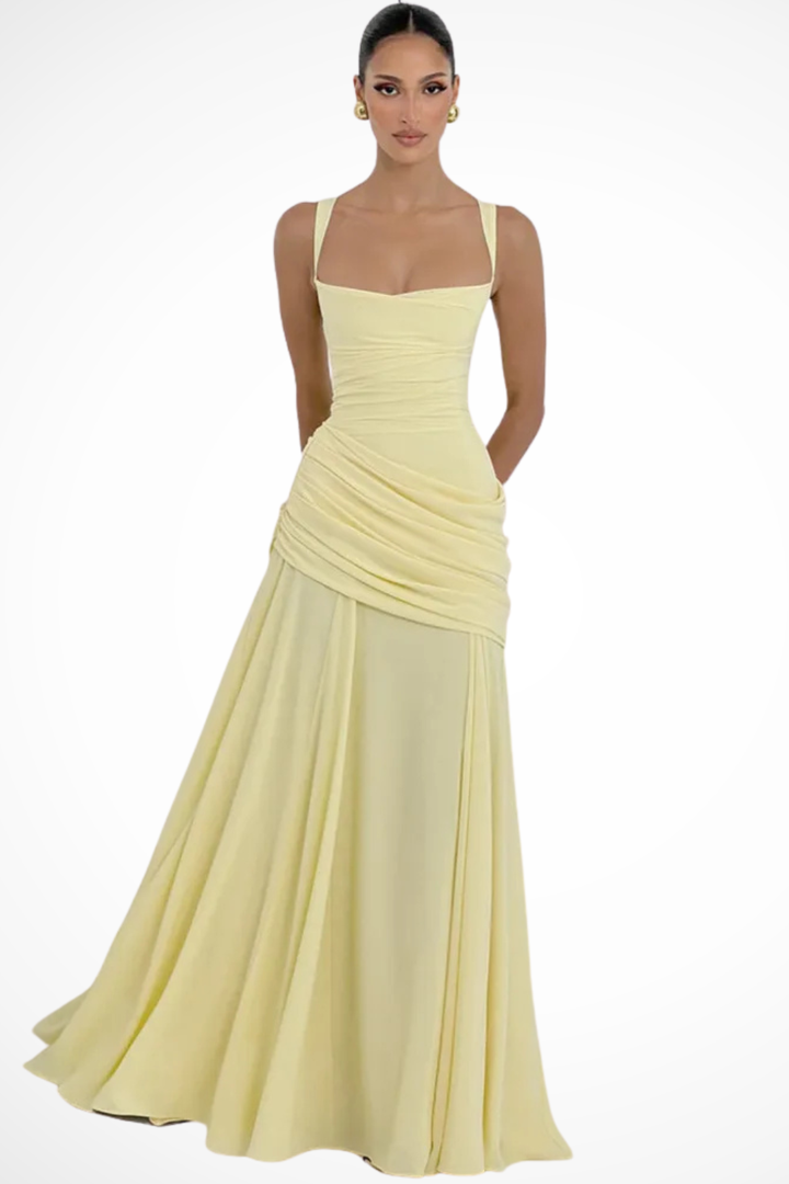 Stylish women's wedding guest maxi dress with square neck & ruched design, a comfortable and elegant party gown.