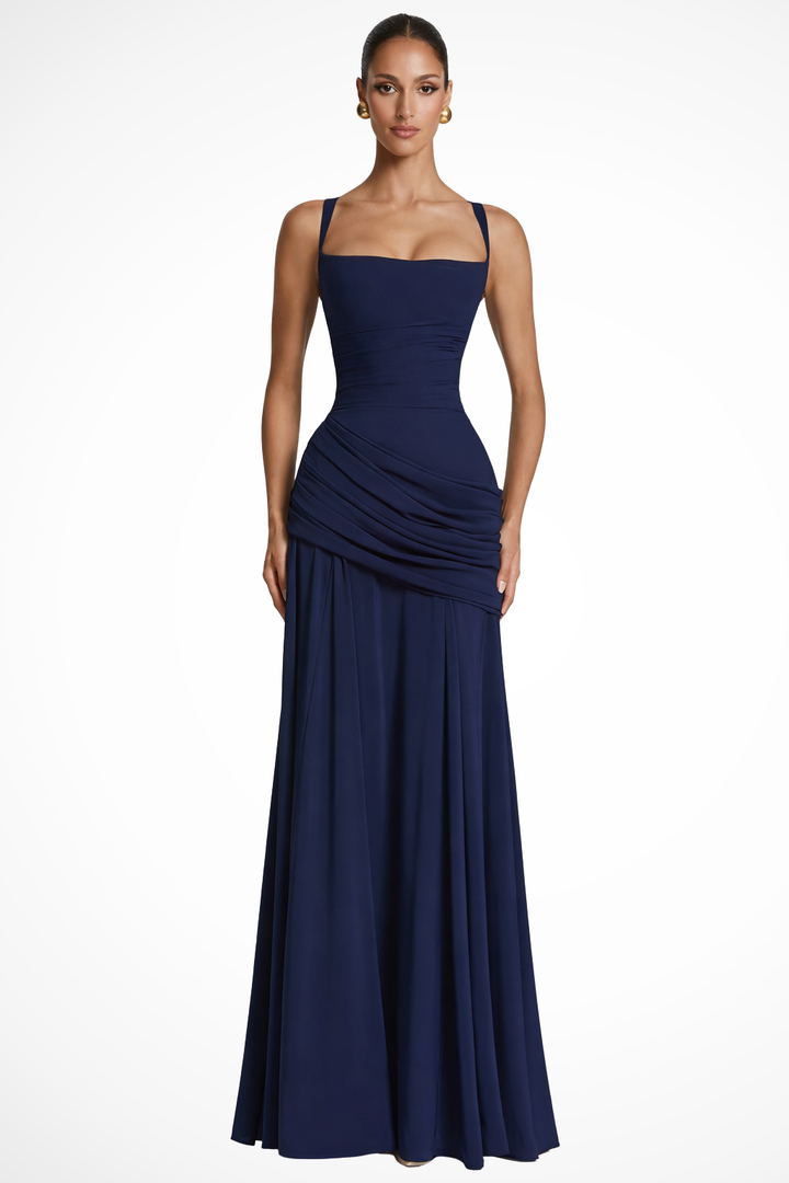Beautiful women's square neck ruched A-line maxi dress, an elegant choice for sophisticated special occasions.