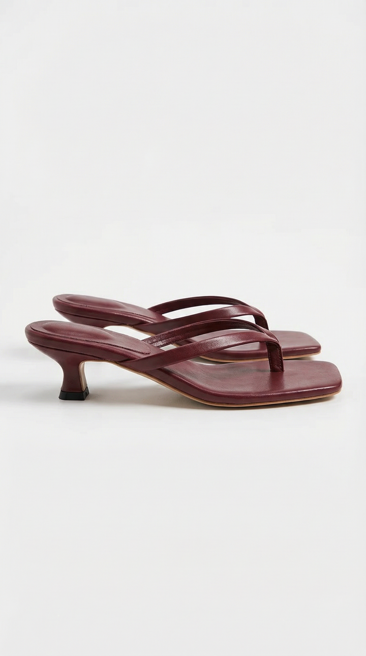 Women's dress sandals: elegant square toe, thong strap, and a fashionable kitten heel.