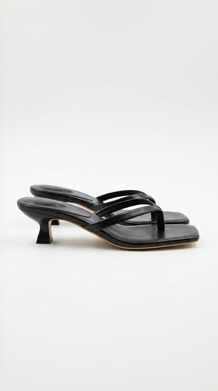 Modern square toe thong kitten heel sandals for women, perfect for dressy or casual chic looks.