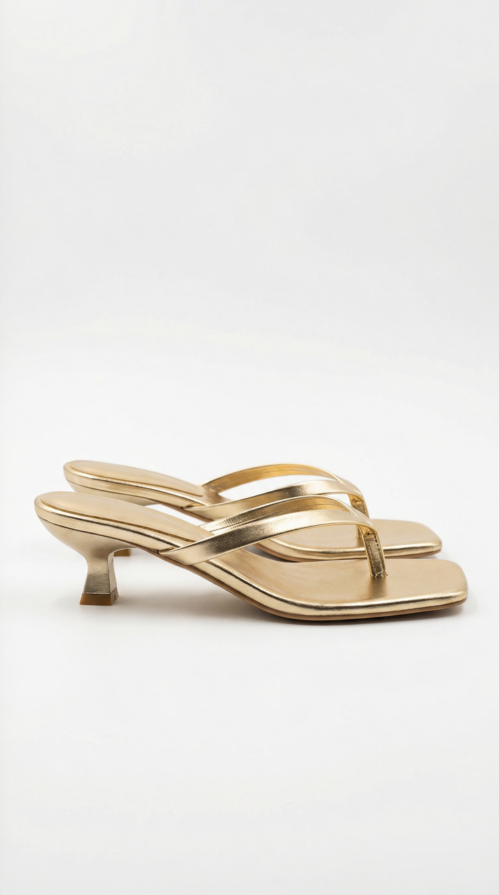 Chic square toe thong sandals featuring a stylish kitten heel, essential women's footwear.