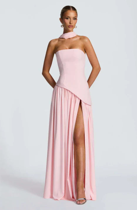 Flowing A-line strapless maxi dress for women, an elegant formal gown ideal for evening events & parties.