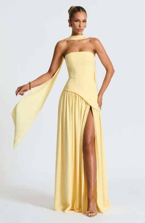 Formal strapless maxi gown for women, an elegant long dress perfect for evening parties & special occasions.