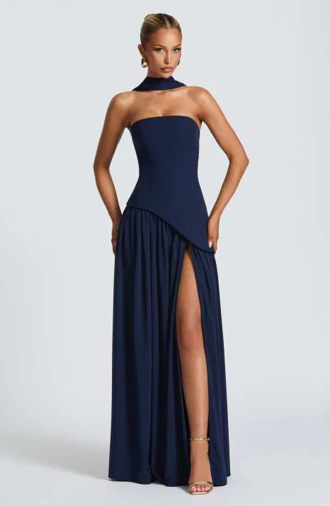 Chic women's strapless maxi dress, a flowing formal gown for elegant evening events and special occasions.