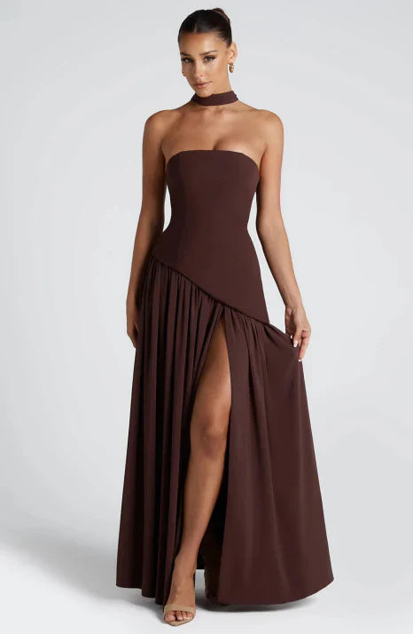 Luxurious flowing strapless maxi dress for women, an elegant formal evening gown perfect for special events.