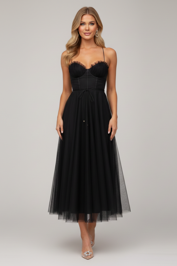 Black elegant strapless midi dress for women, suitable for evening wear, cocktails & special occasions.