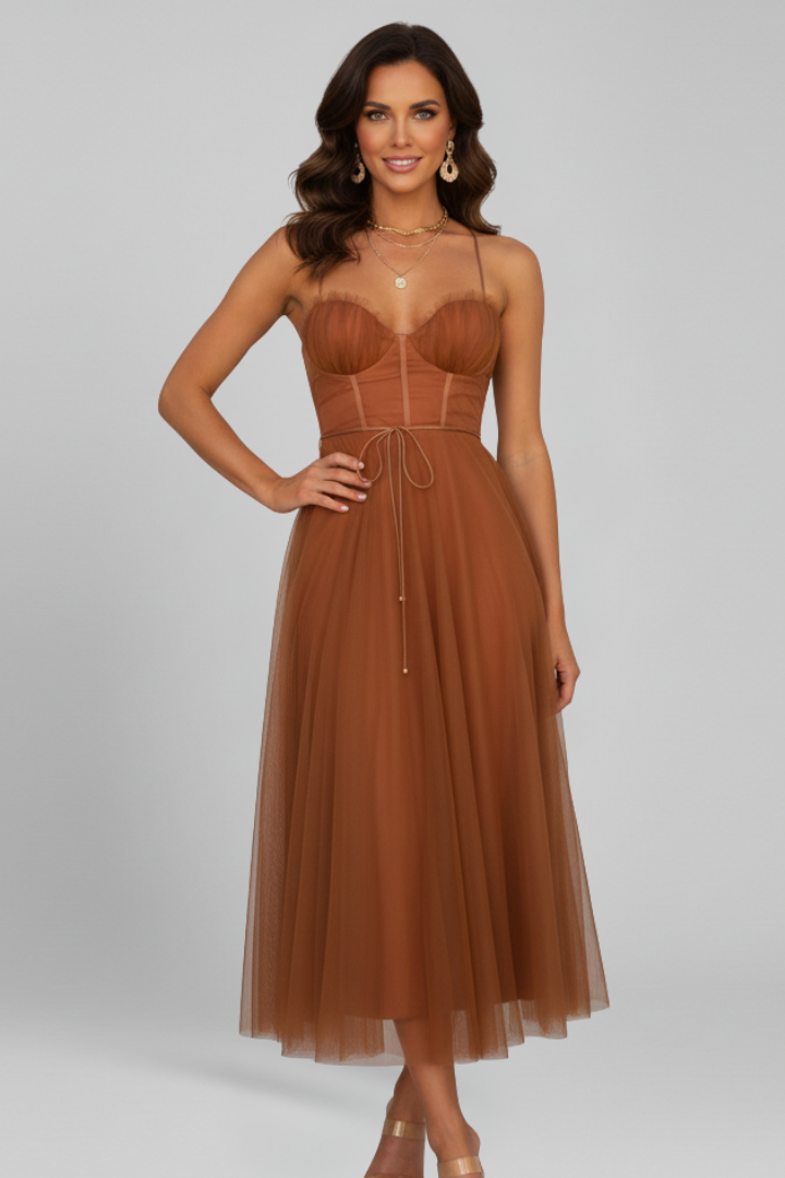 Brown women's strapless midi dress with an elegant layered skirt, perfect for formal events.