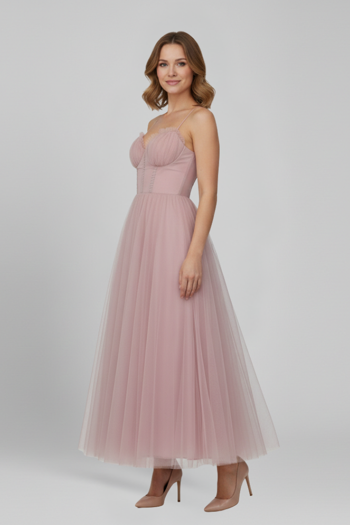 Pink elegant strapless midi dress, a stylish choice for parties, evening wear & special occasions.