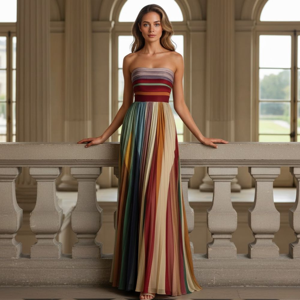 Elegant women's strapless pleated maxi dress with vibrant multicolor vertical stripes, perfect for evening wear.