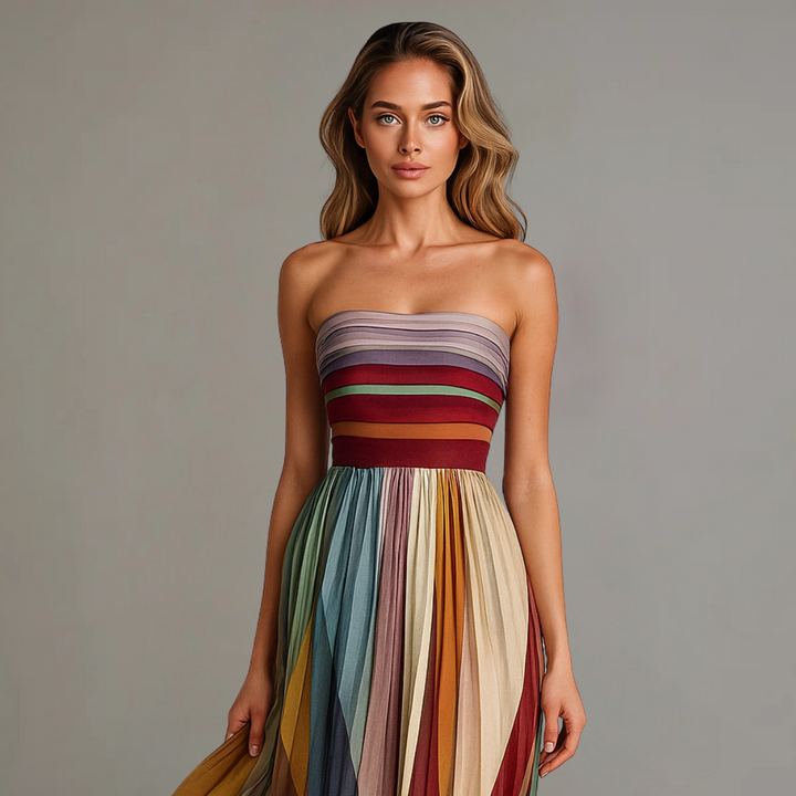 Vibrant multicolor strapless pleated maxi dress for women, with striking vertical stripes, a true fashion statement.
