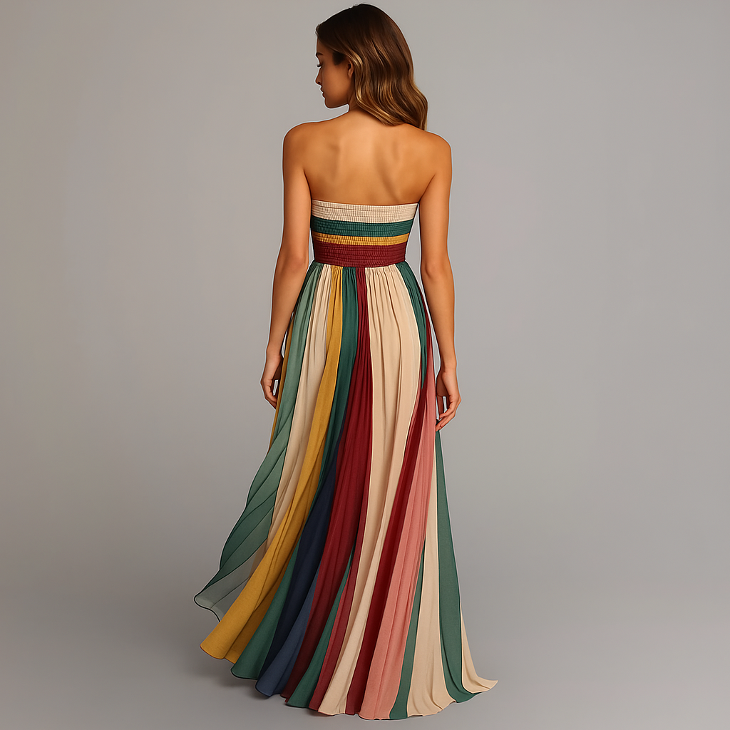 Sophisticated women's strapless pleated maxi dress, a vibrant vertical stripe gown perfect for formal events.