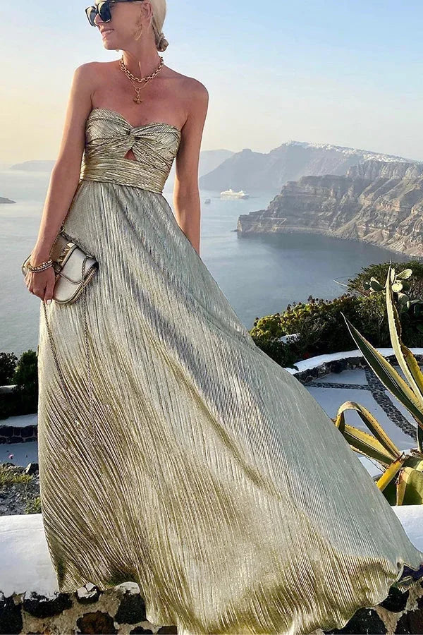 Sophisticated women's long strapless pleated maxi gown, ideal for elegant evening fashion.