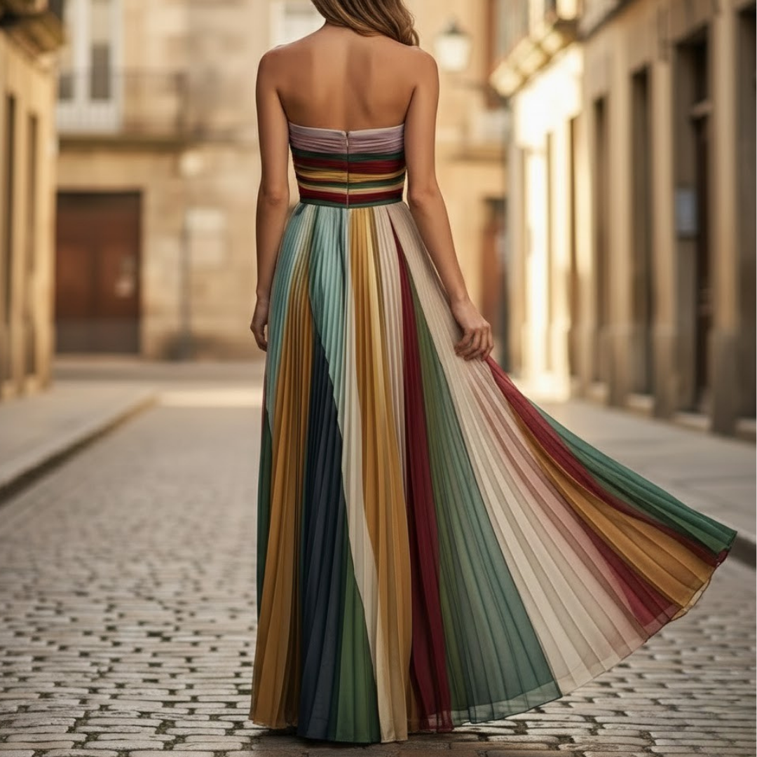 Flowy strapless pleated summer dress for women. Perfect elegant casual wear or chic wedding guest attire.