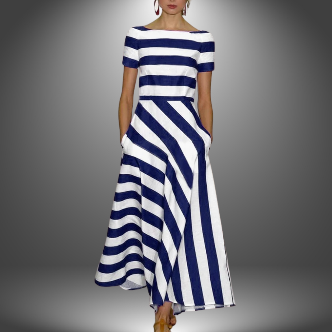 Casual women's striped midi dress featuring an asymmetrical hem and short sleeves. Effortless boat neck design for summer.