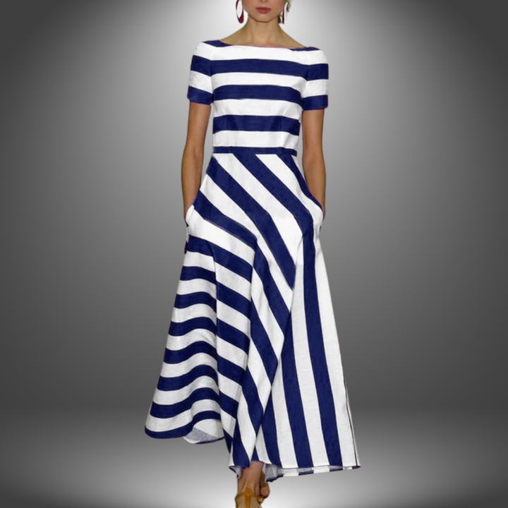 Casual women's striped midi dress featuring an asymmetrical hem and short sleeves. Effortless boat neck design for summer.