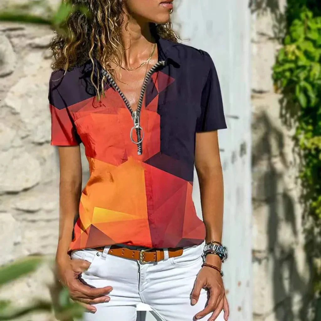 Versatile women's elegant summer top, short sleeve button-down, perfect for office casual or holiday wear.