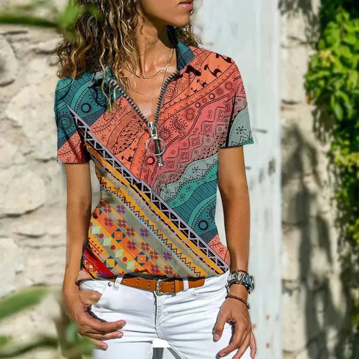 Modern design women's summer shirt, relaxed fit, short sleeve, button-down for casual chic and comfort.