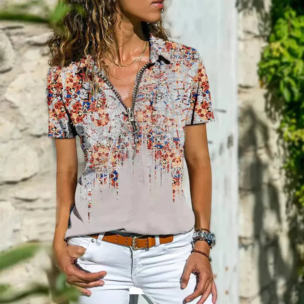 Chic women's fashion blouse, elegant short sleeve summer shirt with a relaxed button-down design for versatility.