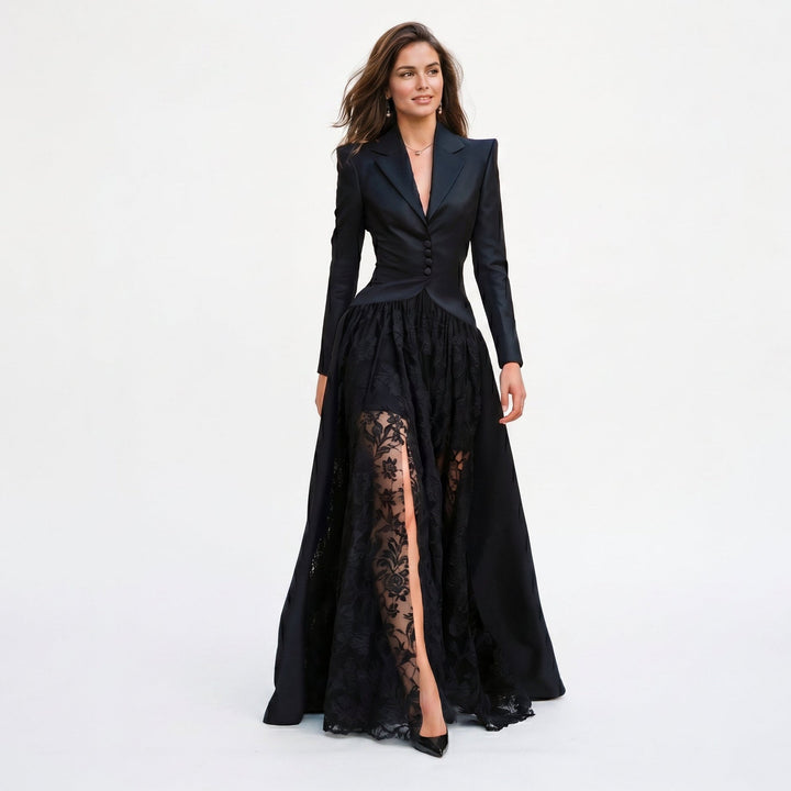 Elegant women's tailored blazer & evening gown set. Perfect formal wear for special occasions, galas, and red carpets.
