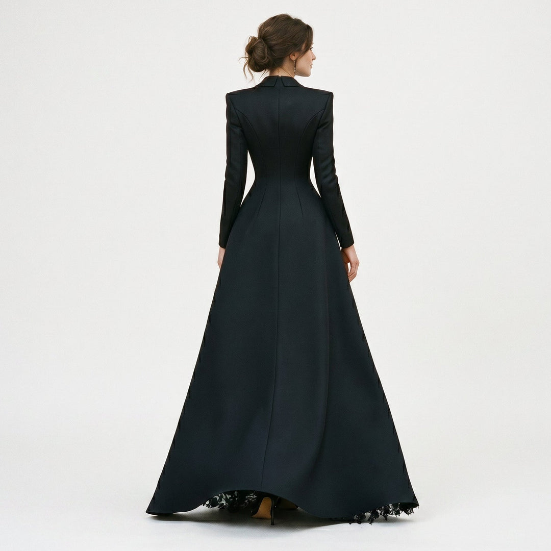 Stylish women's tailored blazer & black evening gown set. Designer formal wear for special occasions & galas.