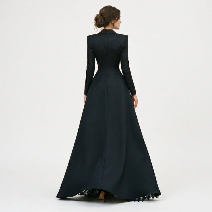 Stylish women's tailored blazer & black evening gown set. Designer formal wear for special occasions & galas.