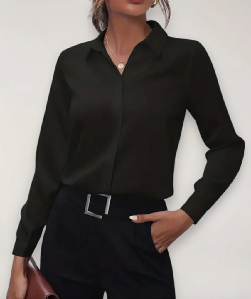 Stylish women's tailored blouse with button-up front, versatile for office and elegant day wear.