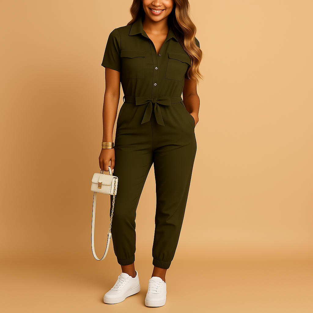 Elegant women's tailored one-piece jumpsuit, sophisticated and chic for office, brunch, or evening wear.