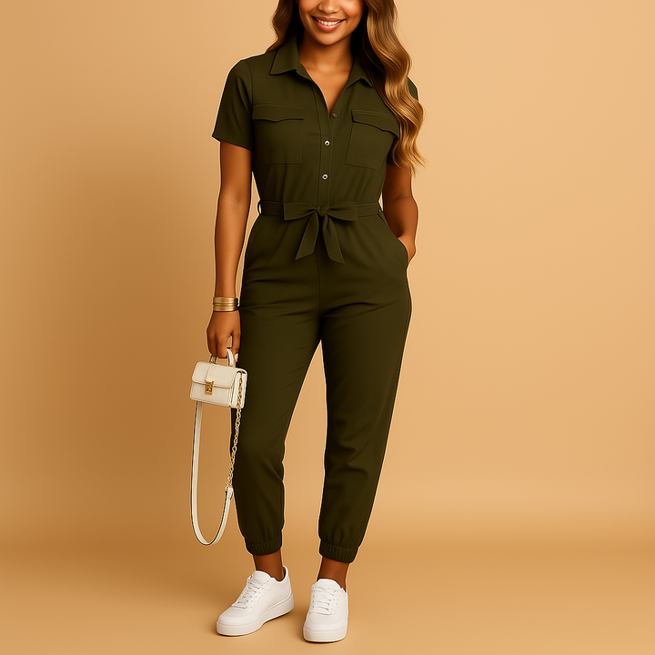 Elegant women's tailored one-piece jumpsuit, sophisticated and chic for office, brunch, or evening wear.