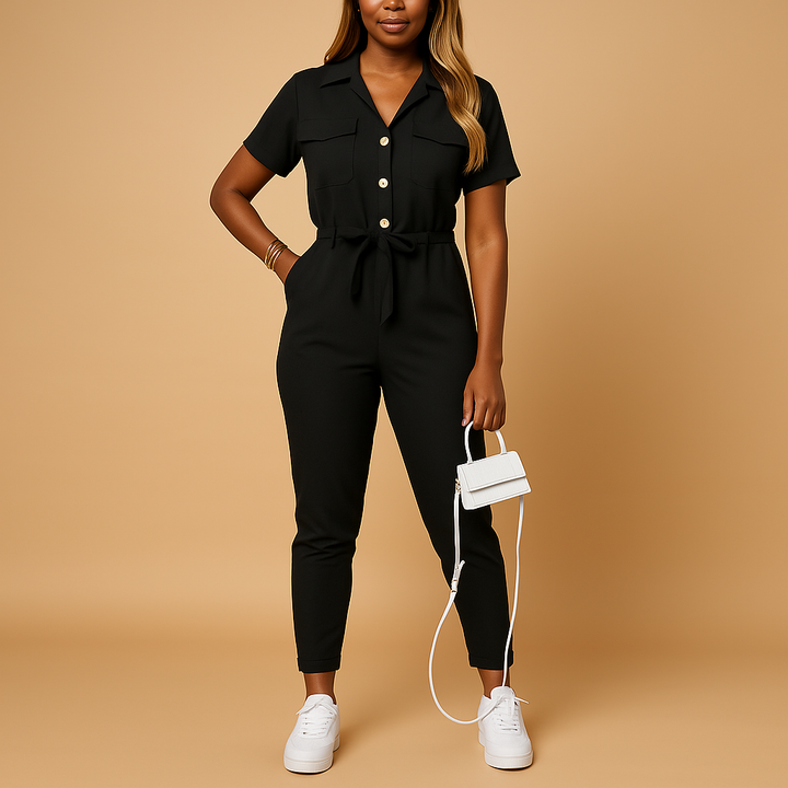 Professional women's tailored jumpsuit, ideal for sophisticated office wear & polished work outfits.