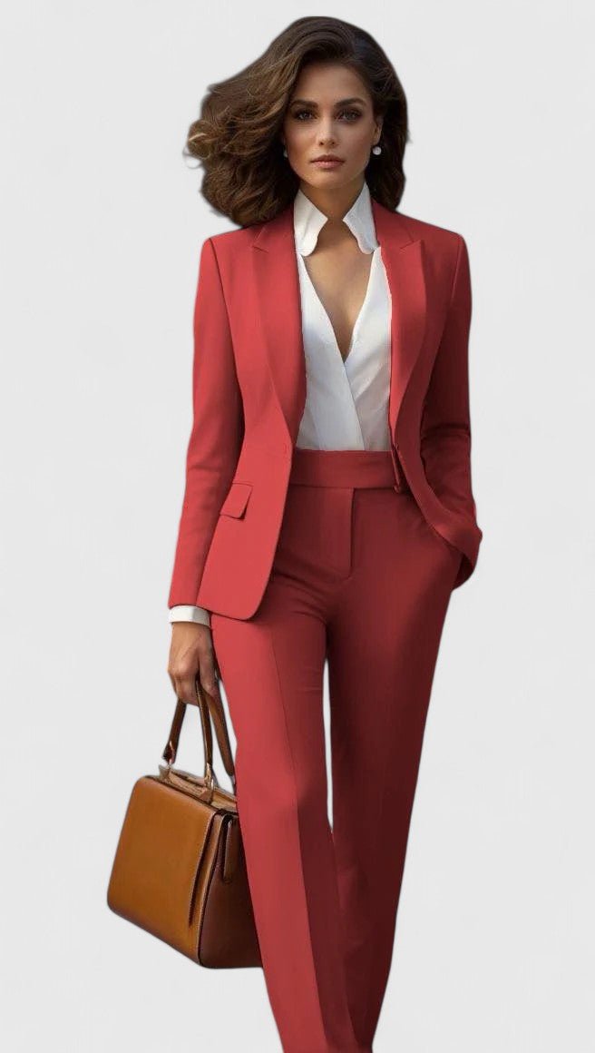 Elegant women's tailored suit set: lapel blazer & straight leg pants. Perfect for business & formal wear.