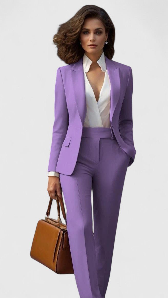 Sophisticated women's tailored suit set, featuring a sharp blazer & straight leg pants for office wear.