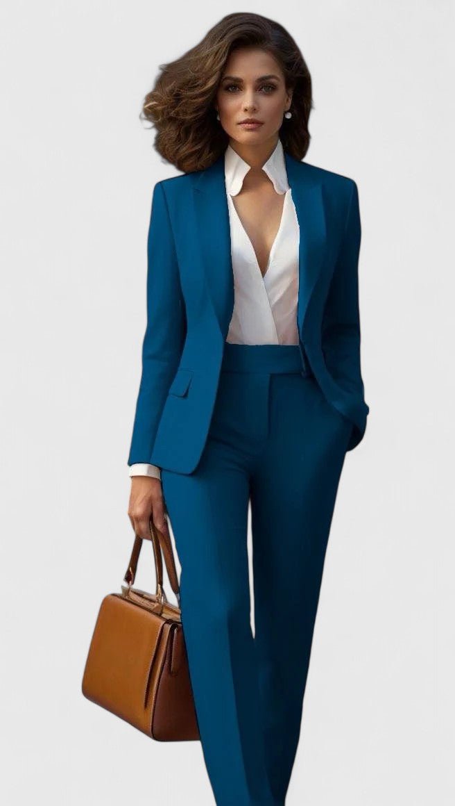 Modern women's two-piece tailored suit set: elegant lapel blazer & straight leg pants. Great for work.