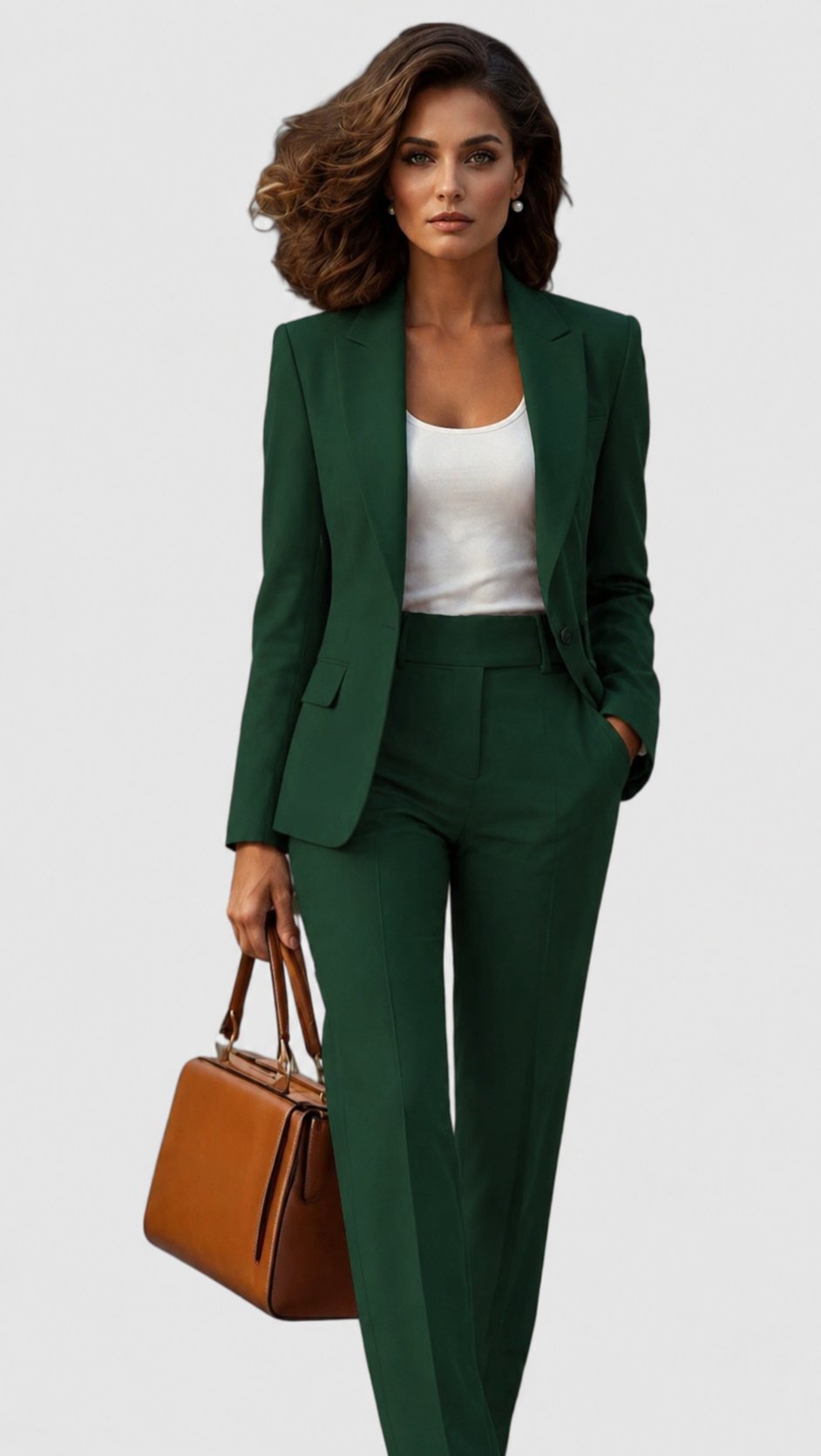 Detailed shot of a professional women's tailored suit set, showcasing the elegant blazer and straight leg pants.