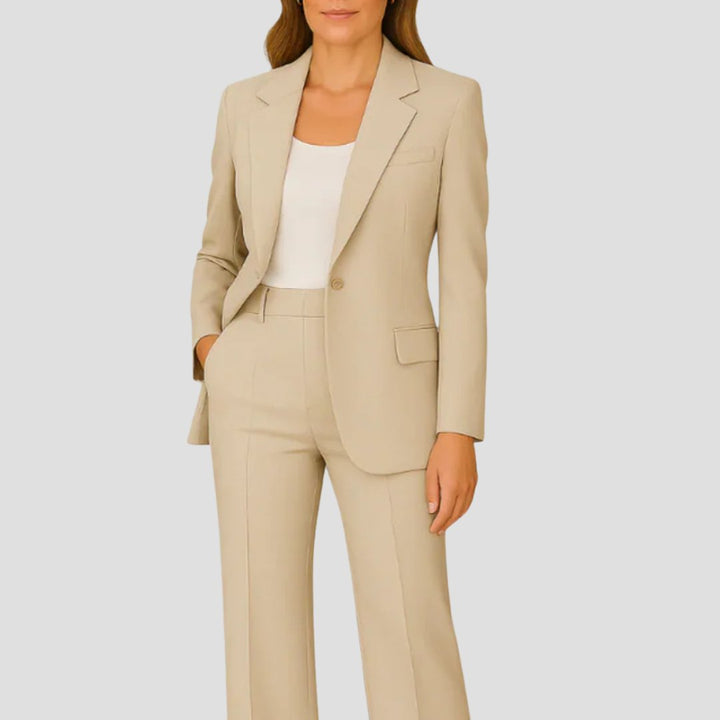 Elegant women's tailored two-piece suit with lapel blazer & wide leg pants for a sophisticated professional look.