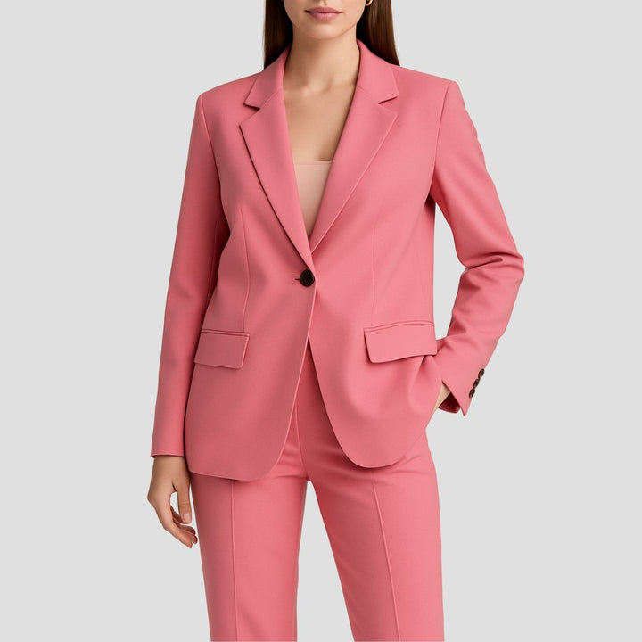 Chic women's tailored blazer featuring a lapel collar, part of a professional wide leg pant suit set.
