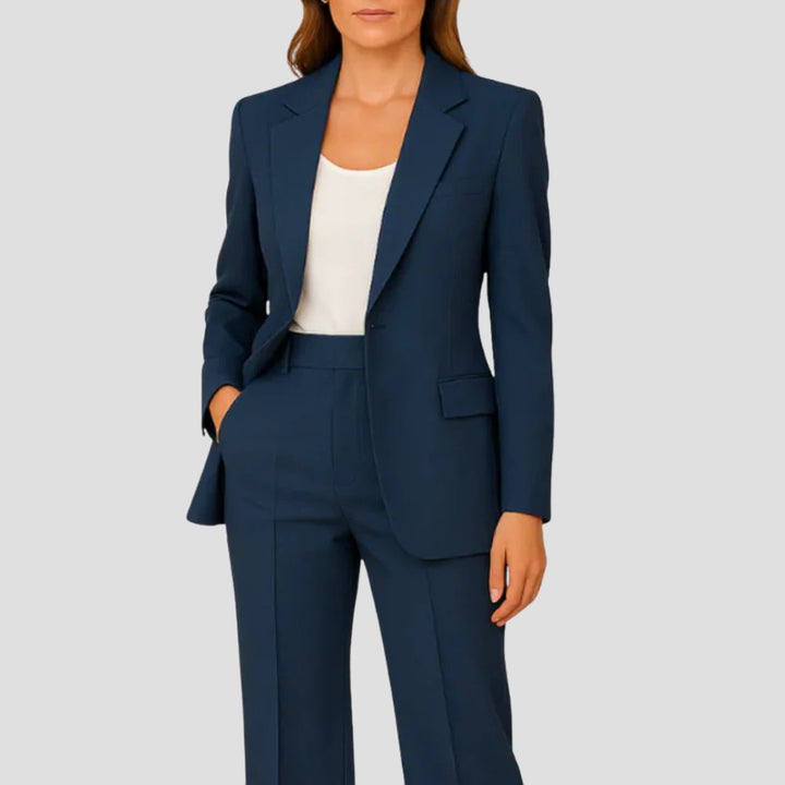 Stylish wide leg pants, key piece of an elegant women's two-piece suit, perfect for business or formal wear.